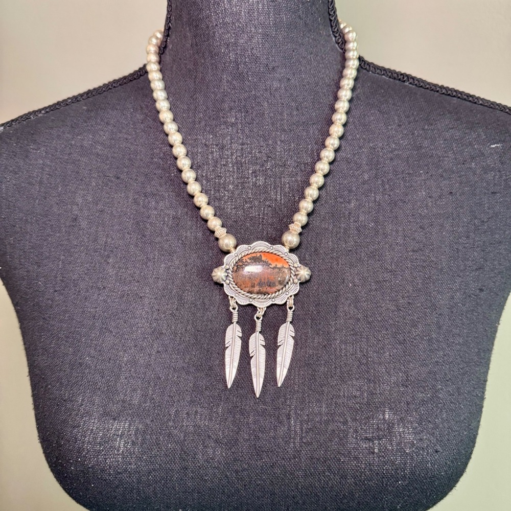 Carolyn Pollack Sterling Silver Jasper Feather Navajo Pearl Necklace Southwest